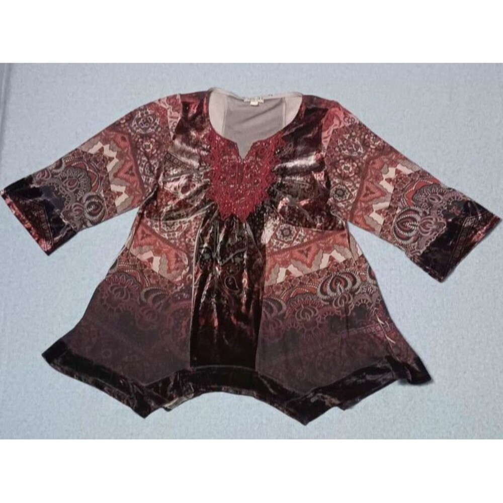 One World Velvet Tunic Top Womens Large Multicolor Paisley Lace Boho Fairy Artsy